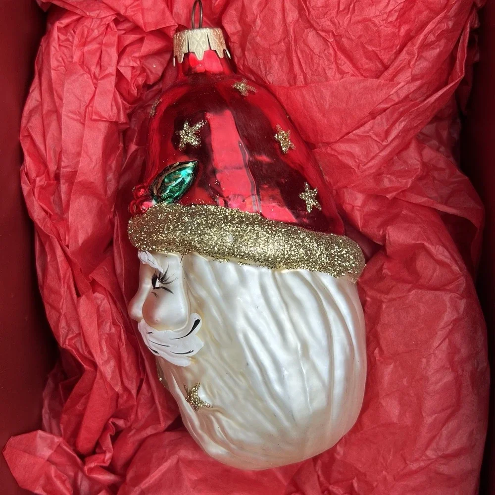 Santa Head Ornament Glass Stars On Hat Beard 2001 Vtg Christmas Decor Y2K Red